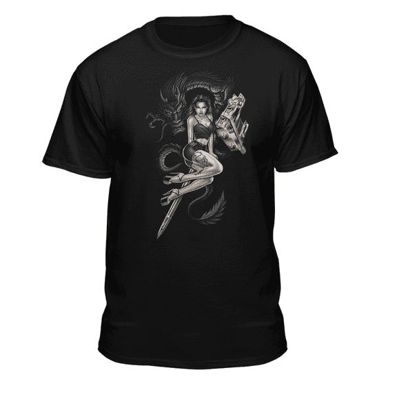 Teelocity Men's Tatoo Pinup Girl with Dragon Black Relaxed Fit Short Sleeve Graphic T-Shirt