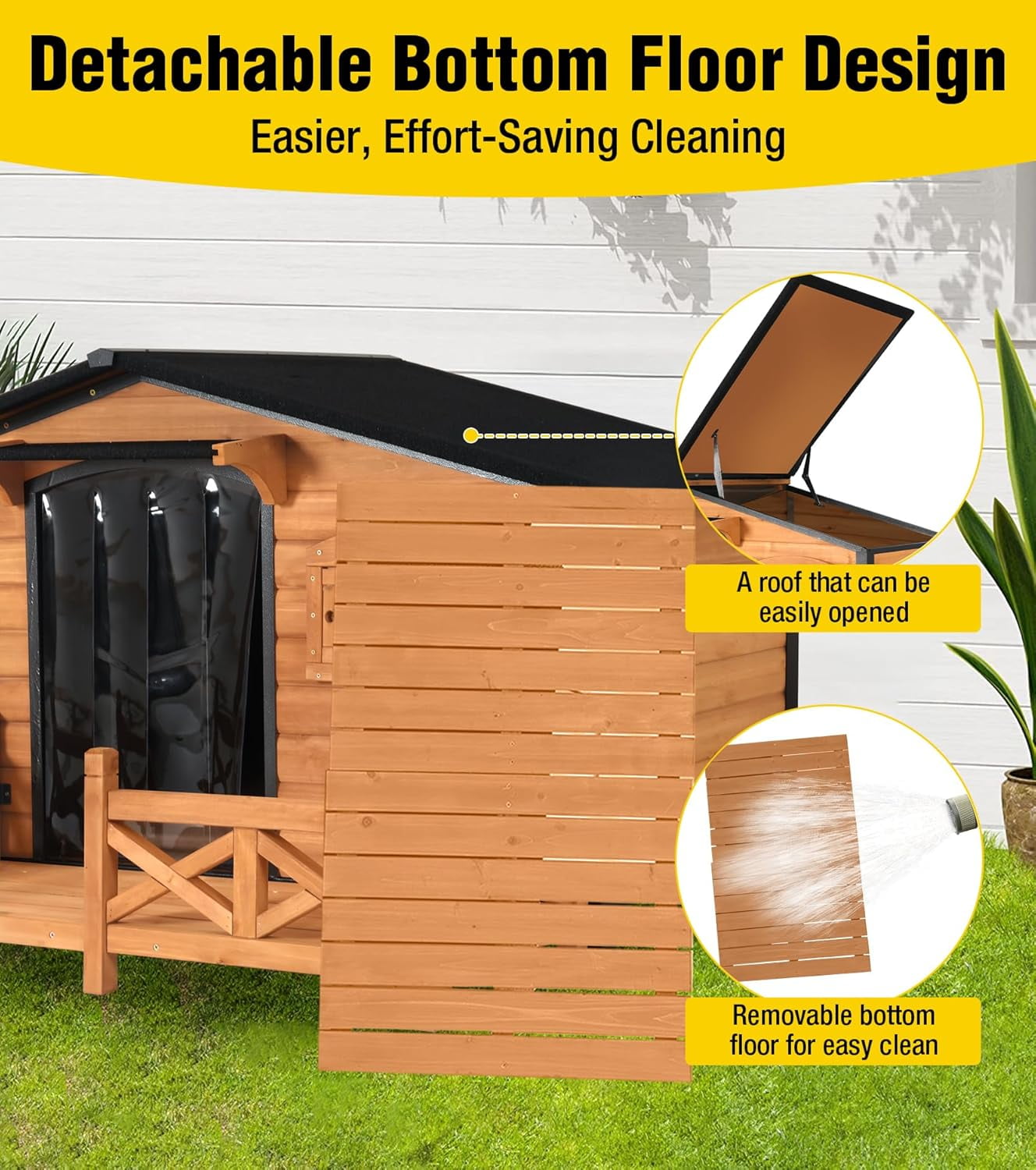 Aivituvin Dog House Outdoor with Anti-Chewing Metal Frame, Wooden Dog Kennel with Sliding Window, Detachable Floor, Weatherproof Roof - Natural