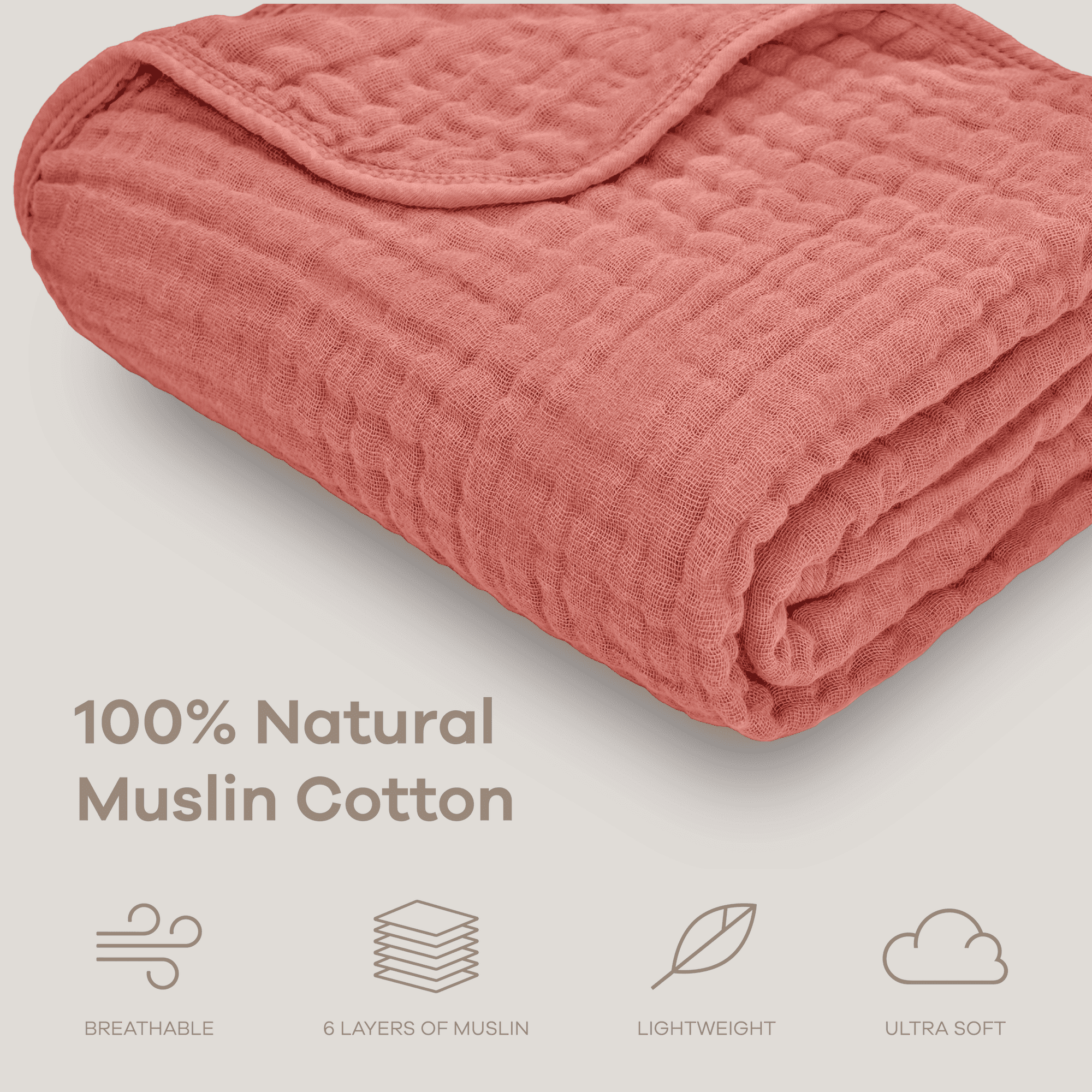 Comfy Cubs Baby Muslin Blanket, Swaddle for Newborns, Large 40” x 40”, 6-Layer (Dusty Rose, Baby)