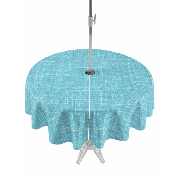 Outdoor Tablecloth with Umbrella Hole for Patio/Picnic/Party/Camping, Teal Blue Waterproof Table Cloth Round Cover Washable, Farmhouse Vintage Cyan Solid Color Modern (Dia 60")