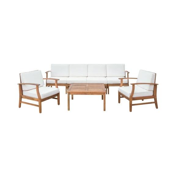 GDF Studio Abena Outdoor Acacia Wood 6 Seater Sofa and Club Chair Set, Teak and Cream