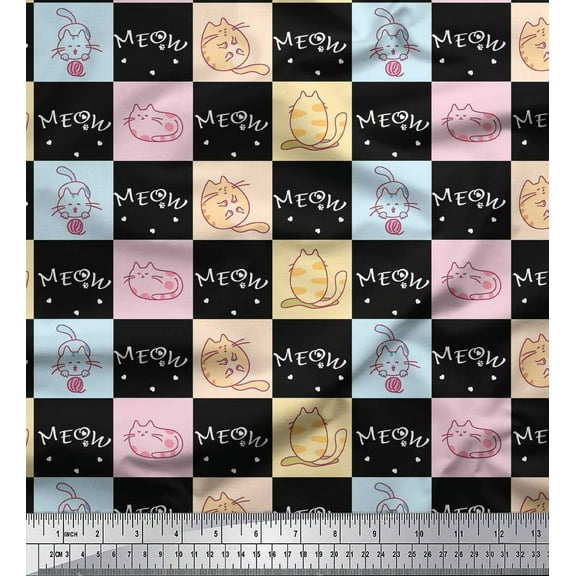 Soimoi Black Cotton Duck Fabric Text & Cat Animal Print Fabric by the Yard 42 Inch Wide