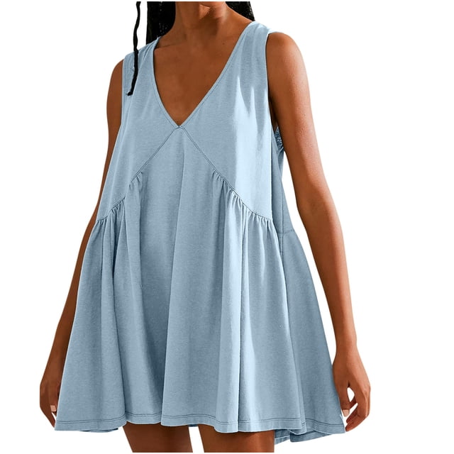 FAIWAD Women's V Neck Sleeveless Mini Dress Loose Summer Pleated Flowy Sundress Tennis Athletic Dress