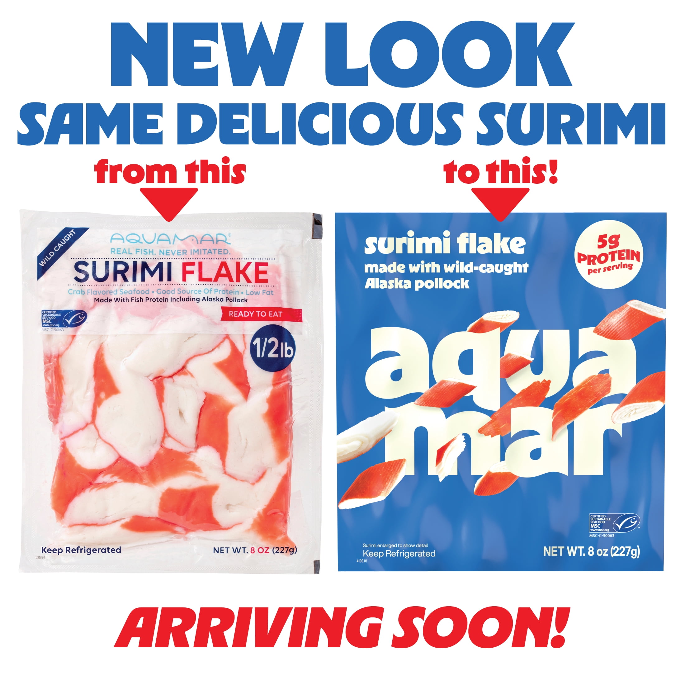 Aquamar Surimi, Flake Style Fresh Imitation Crab, 1- 8 oz Medium Plastic Bag. Contains 5g of Protein per serving.