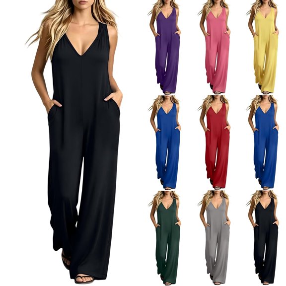 Tqcoqu Women's Loose Wide Leg Jumpsuit with Side Pockets,V Neck Sleeveless Solid Stretchy Casual One Piece Romper