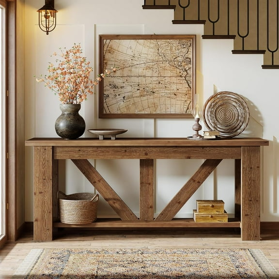 70.9-Inch Solid Wood Console Table for Entryway, 2-Tier Sofa Table Behind Couch with Storage