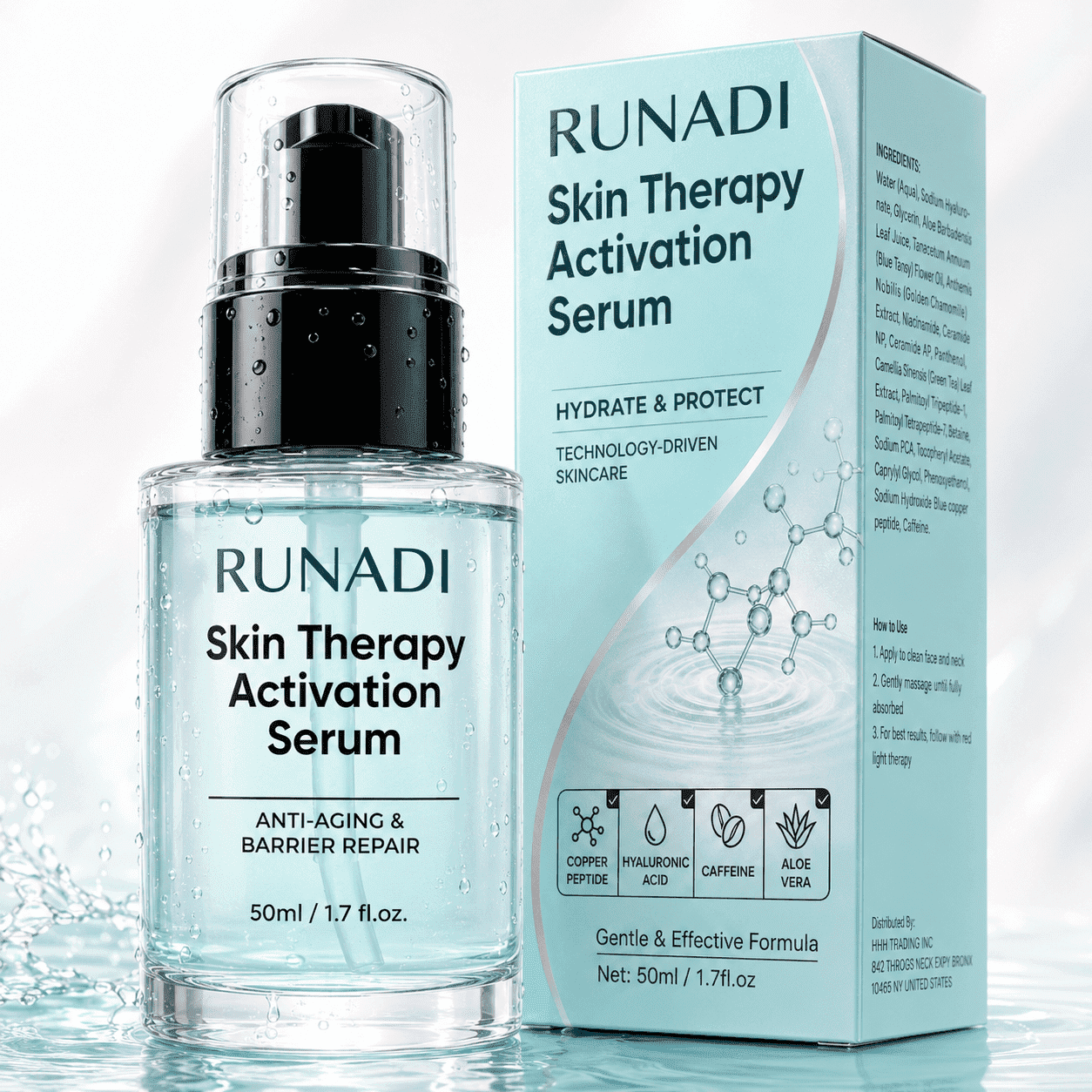 Red Light Therapy Activation Serum for Face & Neck, Copper Peptide Hydrating Serum with Hyaluronic Acid, Aloe Vera, Caffeine, Niacinamide & Ceramides, 50ml