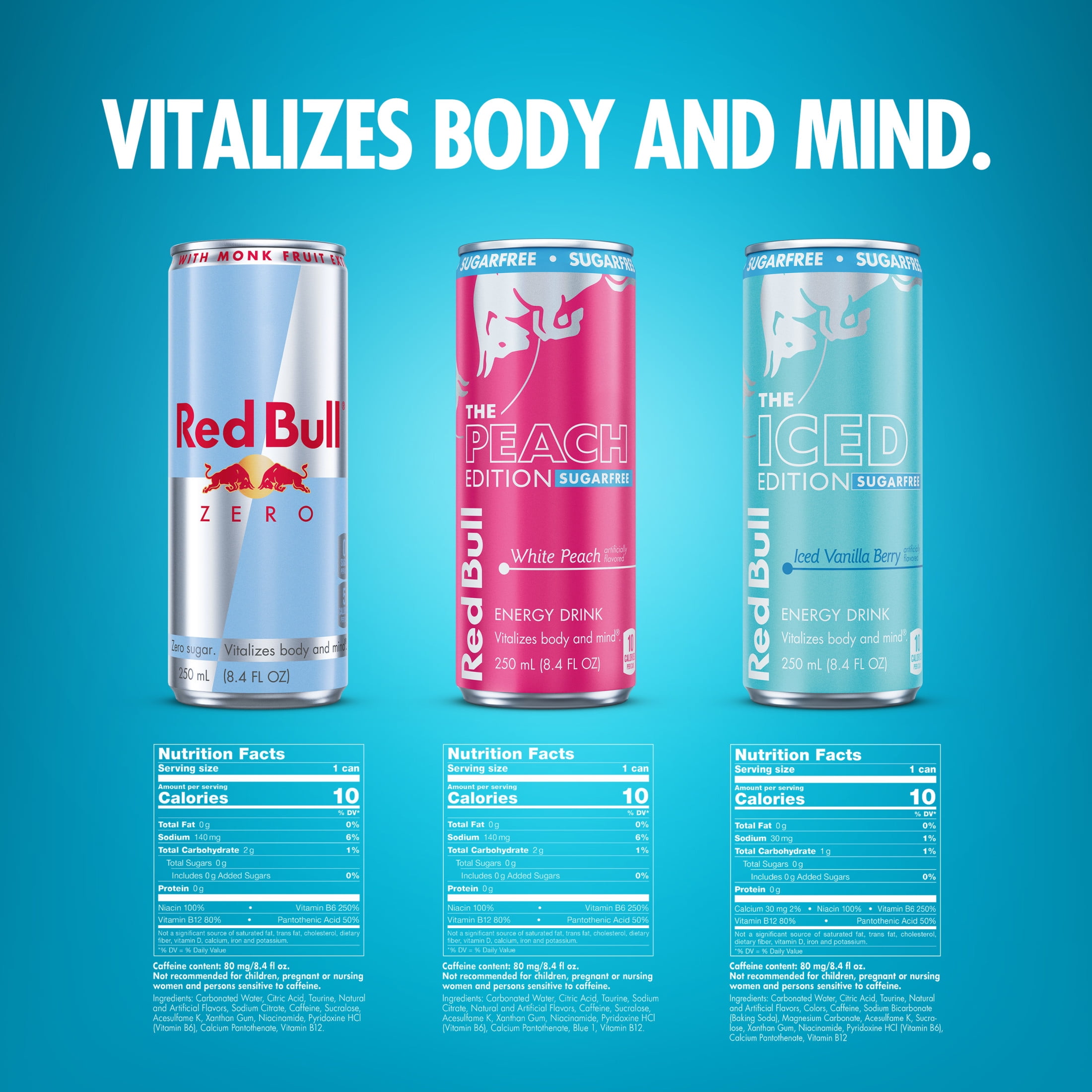 Red Bull Energy Drink SugarFree Variety Pack,  Zero,  Peach,  Iced Vanilla Berry