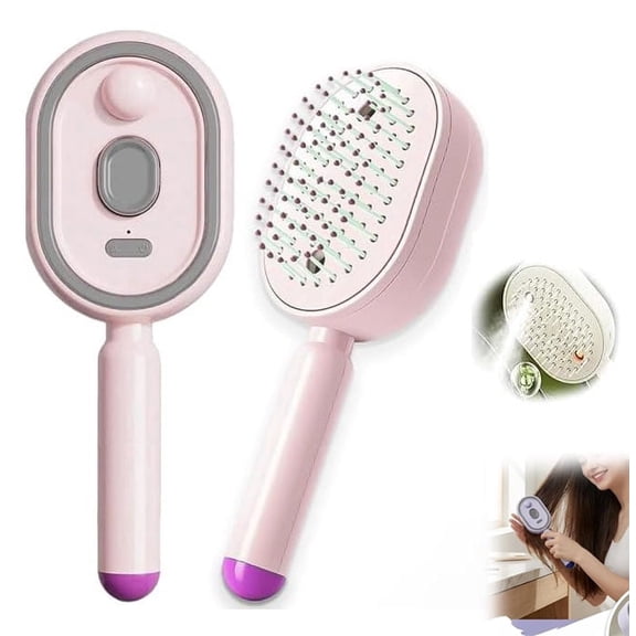 Electric Steam Hair Brush, Rechargeable Misting Detangling Comb with Water Spray, Anti-Static Anti-Frizz Air Cushion Hair Brush for Straight Curly Thick Thin (Pink)