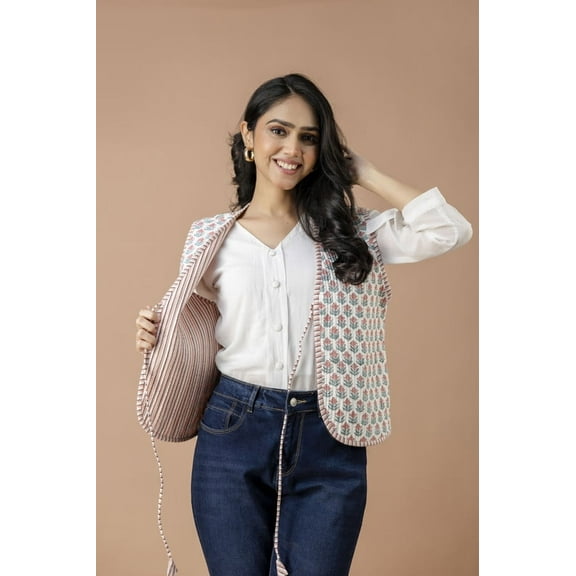 NITIN TEXTILES Women’s Handmade Cotton Quilted Vest – Mini Floral Block Print with Contrast Striped Lining & Tie