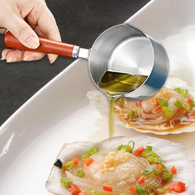 Olla pequeña de acero inoxidable para calentar aceite, sartén antiadherente con mango de madera, sartén pequeña para verter aceite para hacer salsas 125 ml