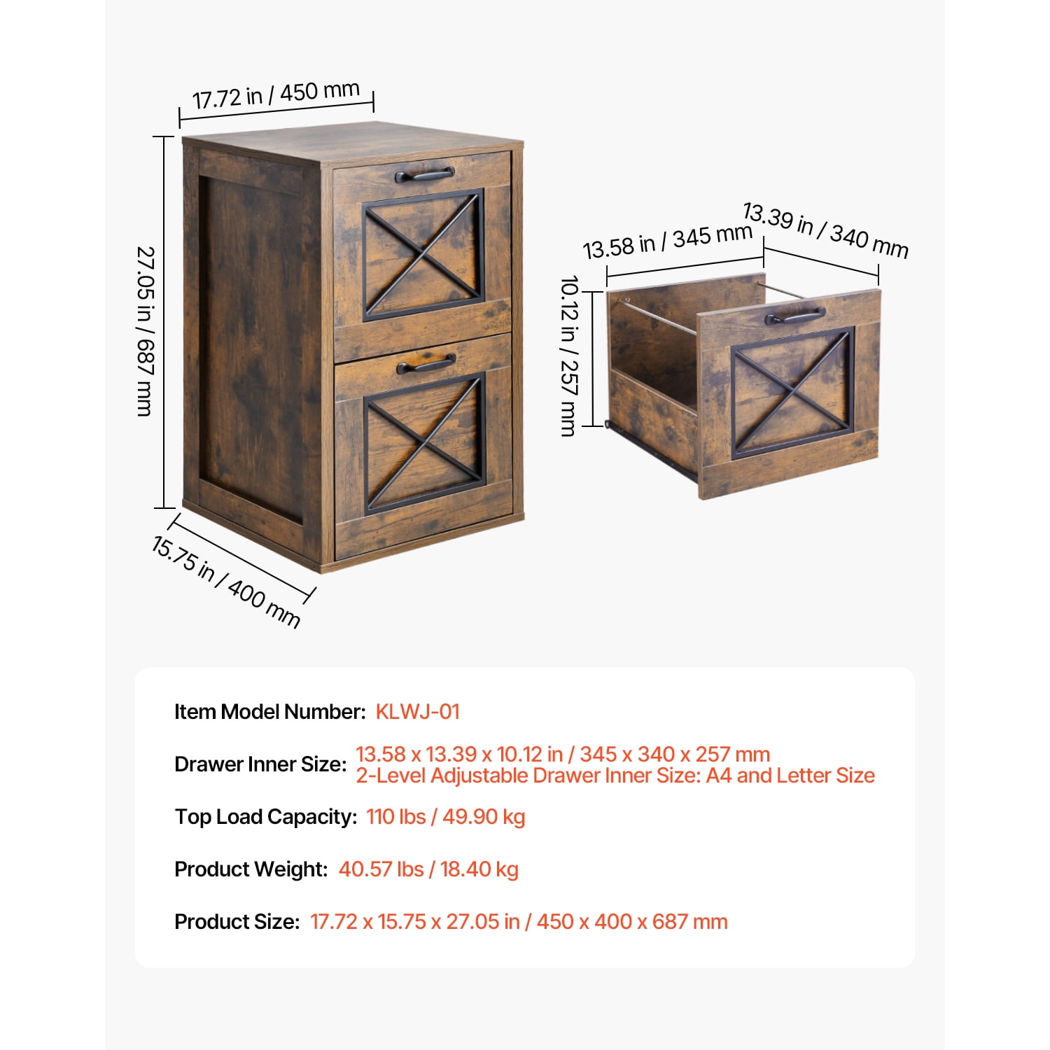 KFFKFF Dual Drawer File Organizer, Vertical Storage Units for Home Workspace, Robust Cabinet with Adjustable 2-Tier Hanging Bar, Suitable for A4/Letter/Legal Size Documents, Simple Assembly