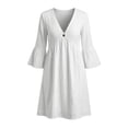 thumbnail image 5 of Vivianyo HD Women's V-Neck Single Button Midi Dress, 3/4 Bell Sleeve Solid Loose Casual Dresses with Side Pocket for Women, Women's White, Sizes S-2XL, 5 of 7