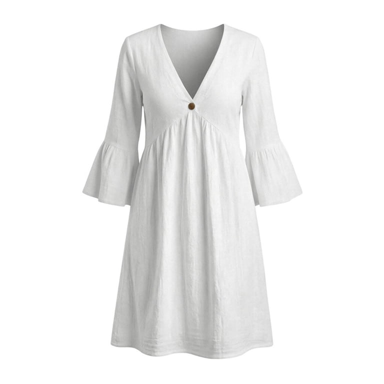 casual white shift dress Qolati Summer Dresses for Women 3/4 Bell Sleeve V Neck Casual Shift Dresses Daily Resort Work Casual Dress White XL, Women's