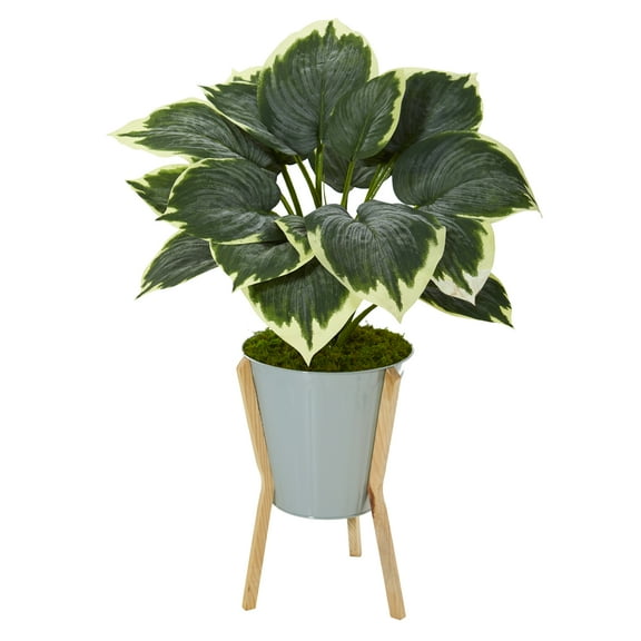 Nearly Natural 28in. Variegated Hosta Artificial Plant in Green Planter with Stand