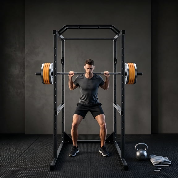 1200 LBS Power Cage, Multifunction Squat Rack with Multi-Grip Pull-Up Bar & Standard J-Hooks, Adjustable Power Rack with Safety Arms for Home Gym Weightlifting & Strength Training
