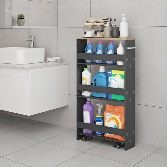 Topcobe Rolling Kitchen Slim Storage Cart Mobile Shelving Organizer with Handle, Kitchen Carts on Wheels, Gray