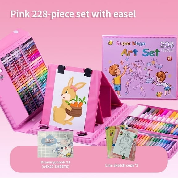 Kids Art Set 208 Pcs Multicolor Drawing Kit with Trifold Easel Perfect Art Supplies for Kids 4-8 Pink Arts Crafts for School