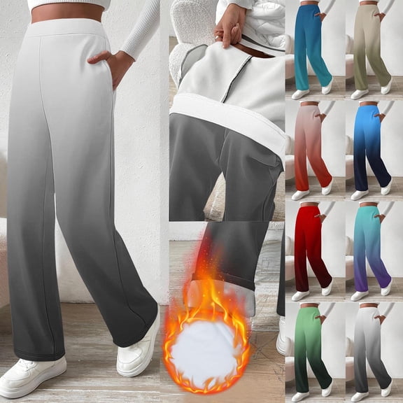 Frostluinai Women Fleece Lined Pants with Pockets Wide Leg Winter Thermal Work Trousers Dressy Casual Gradient Sweat Pants