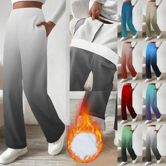 YOIAVAIOY Fleece Lined Flare Pants for Women Cute Gradient High Waisted Yoga Pants Warm Elastic Waist Trousers Light BlueL