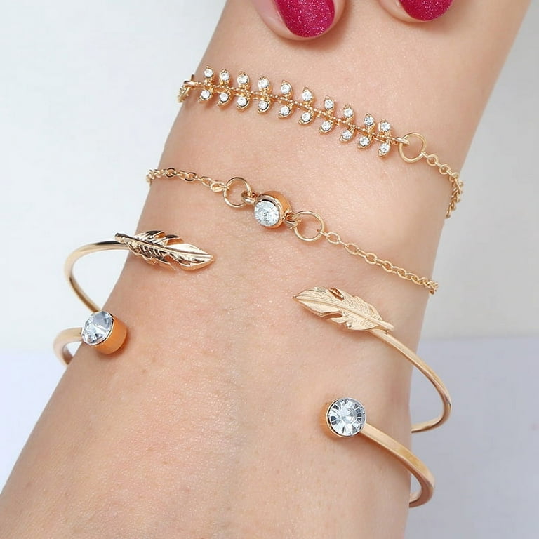 Buytra 4Pcs/set Fashion Women Geometric Crystal Leaf Bracelet Adjustable  Bangle Jewelry