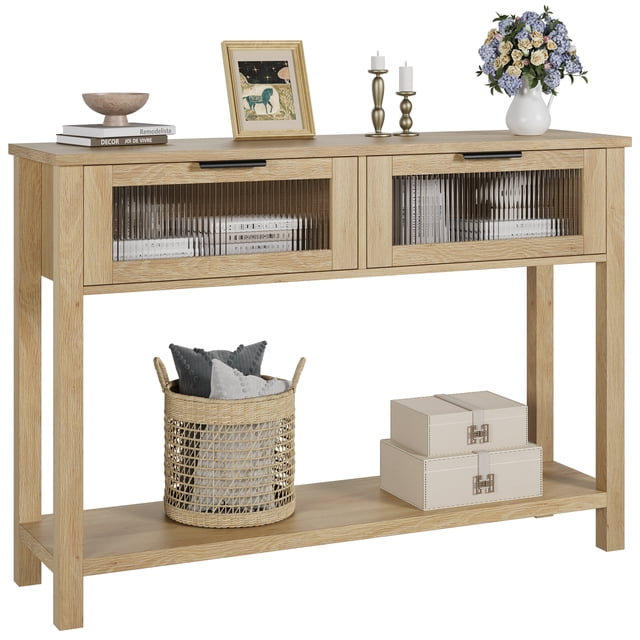 Wood Console Table with 2 Glass Drawers – 2-Tier Narrow Sofa Side Table with Open Storage Shelf for Living Room, Hallway or Entryway – Modern Rustic Accent Table – Wood Color