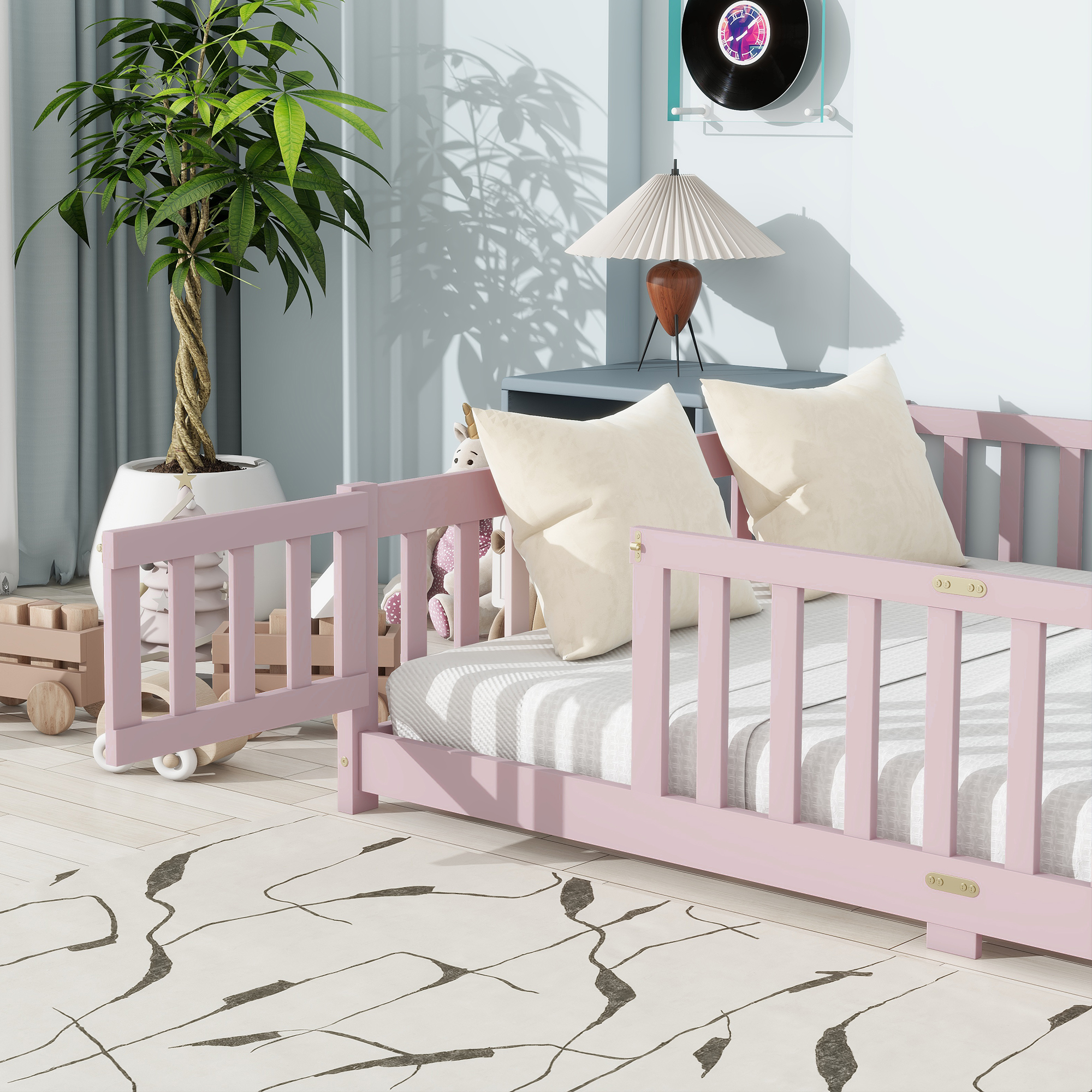 Miniyam Full Size Floor Bed with Guardrails and Door for Kids, Pink