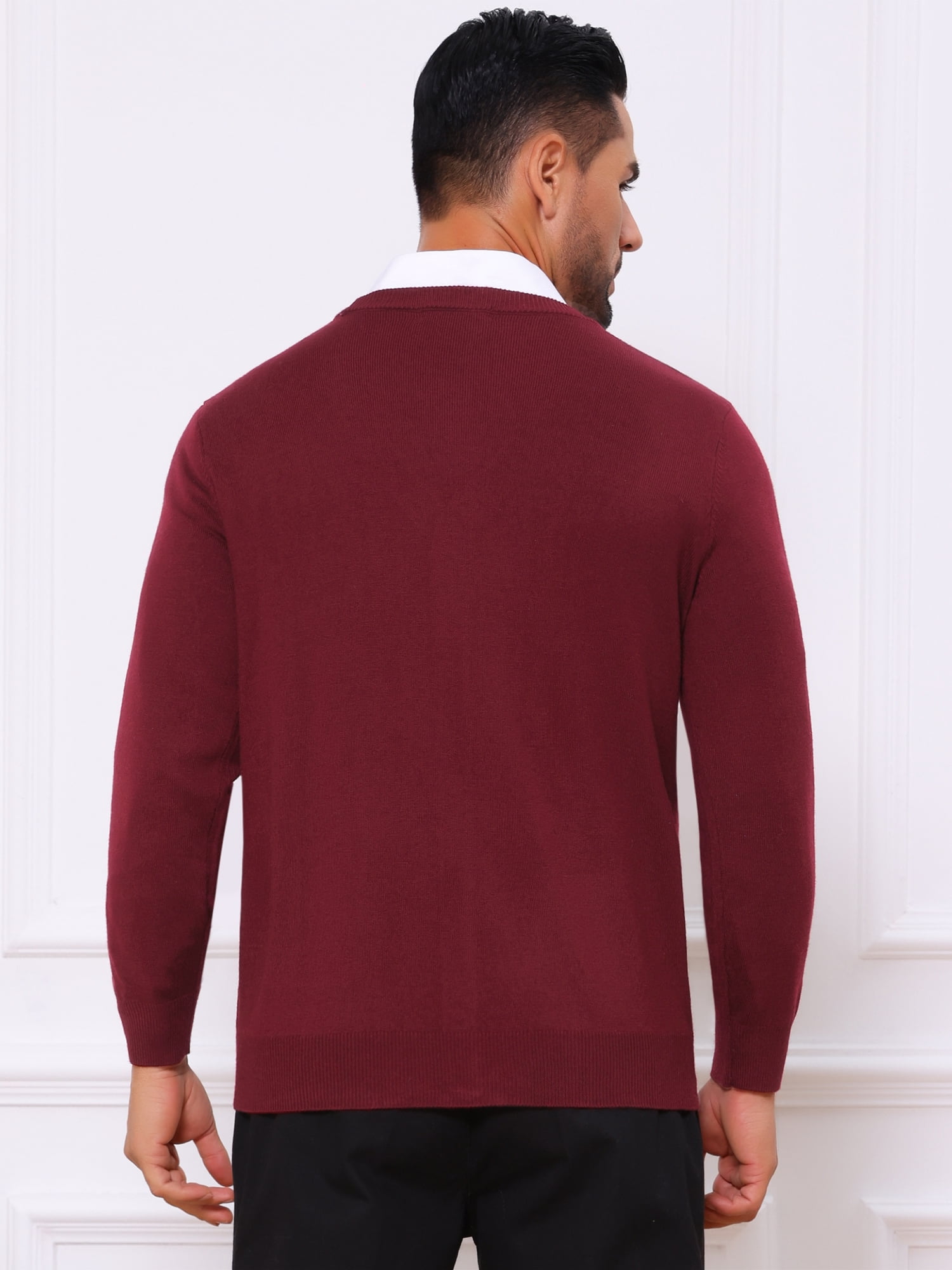 DARING DIVA Men's V Neck Long Sleeved Button Down Knit Sweater with Pockets L Burgundy