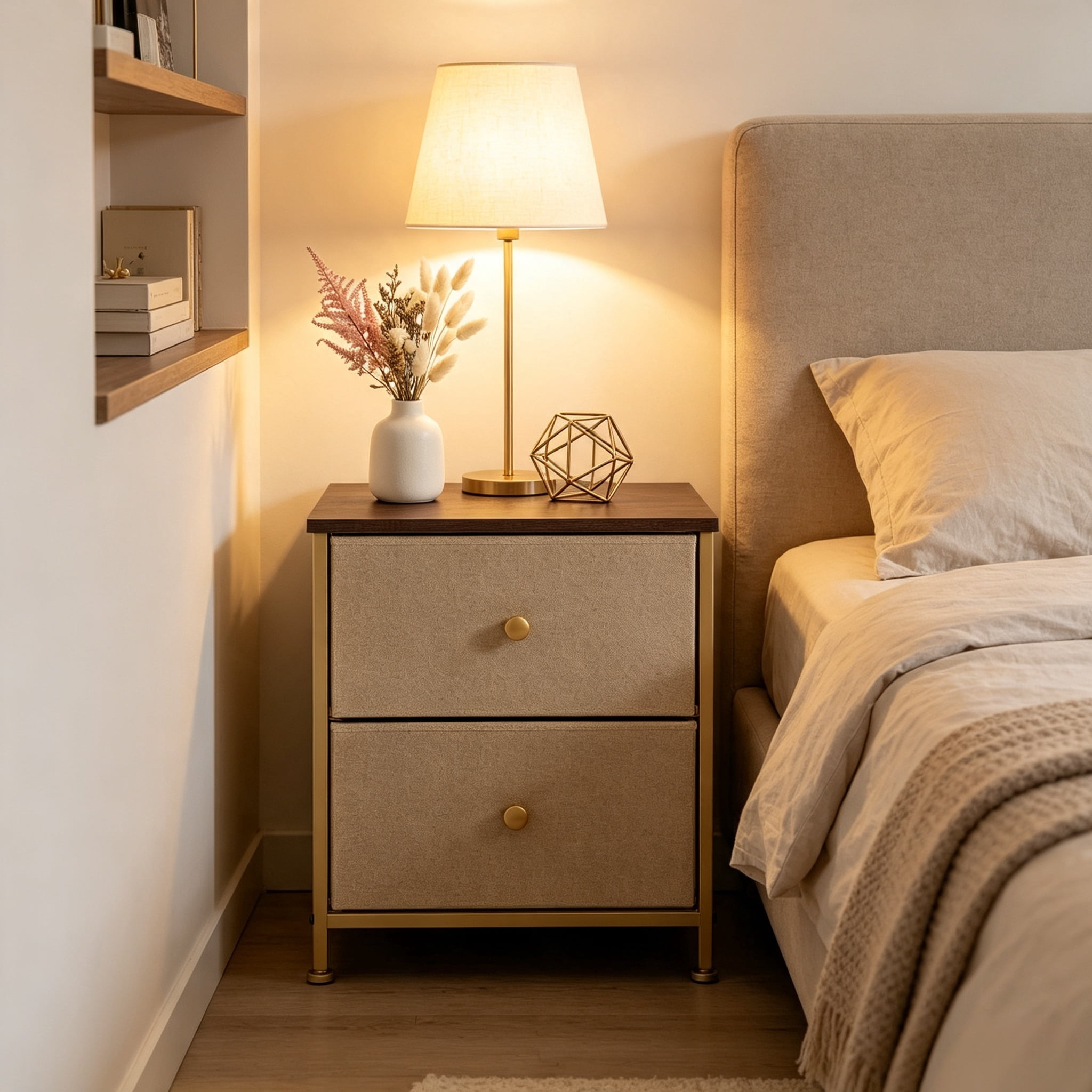 Double Drawer Bedside Table for Bedroom Living Room Storage