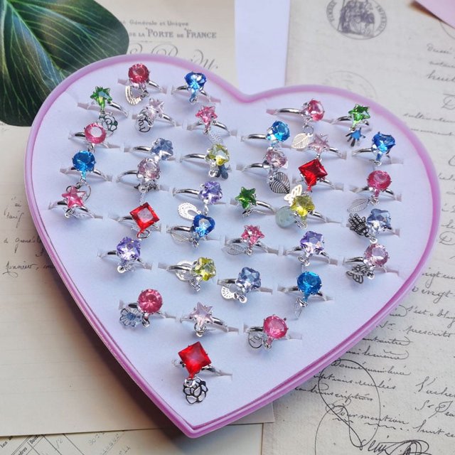 12/36PCS/set Adjustable Kids Crystal Rings Jewelry Heart Star Square Open Finger Ring For Children Girl Party Gift 38 12pcs with gift box