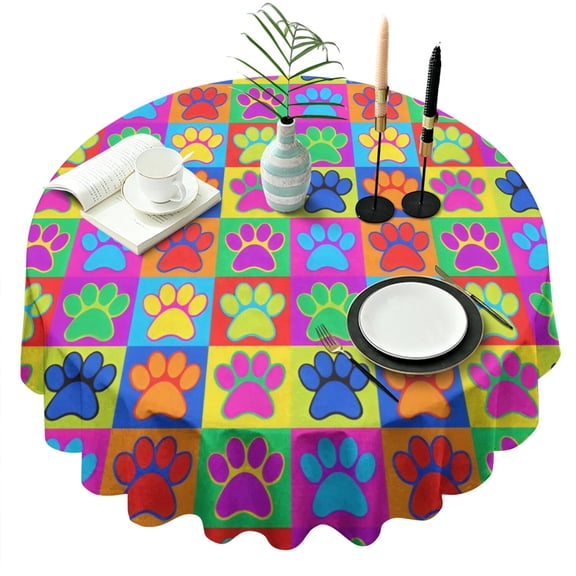 Colorful Dog Paw Footprint Round Tablecloth 60"x60",Wrinkle Wipeable Table Cloth for Kitchen Dining Room Picnic Patio Party