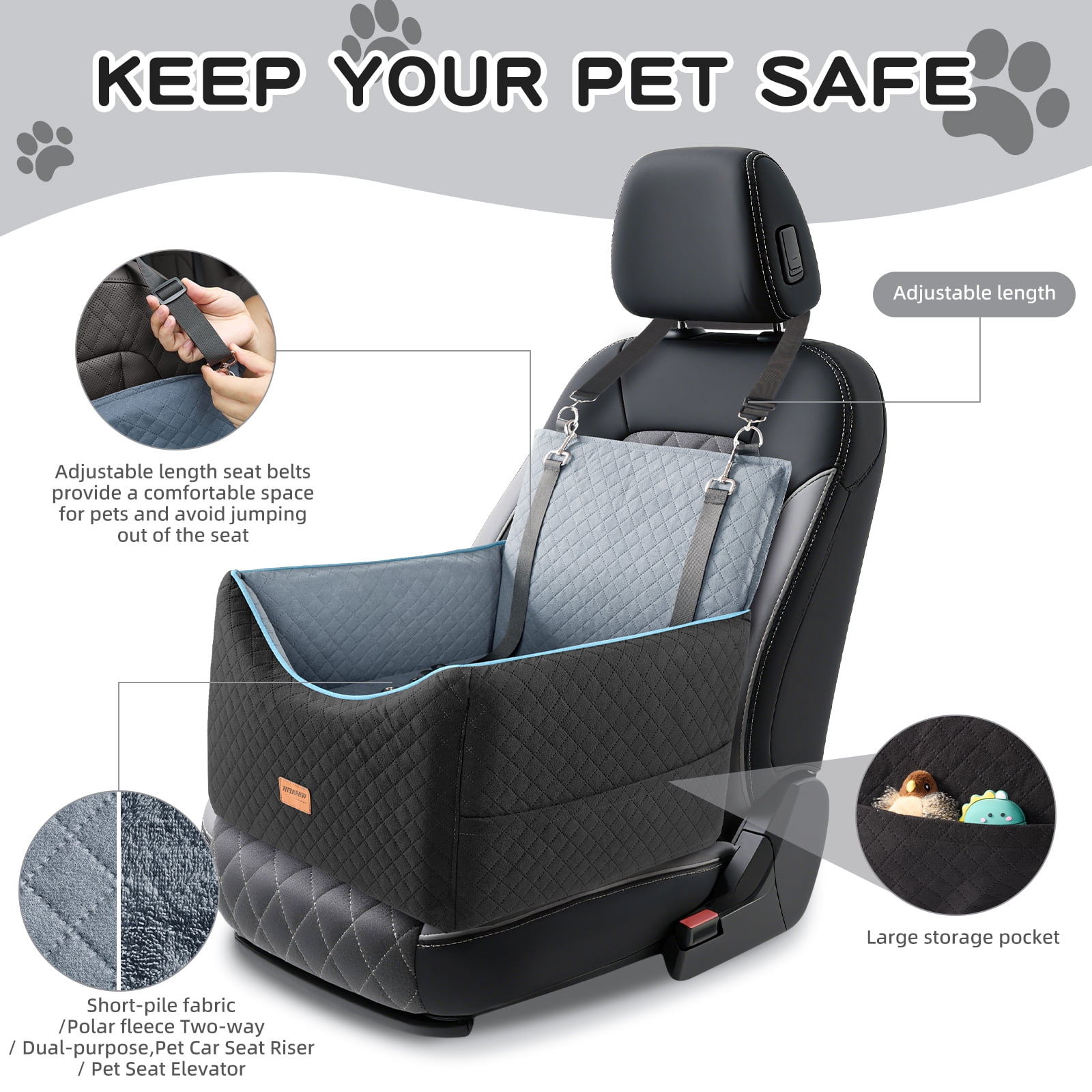 NIYAPAW Elevated Dog Car Seat for Small/Medium Dogs up to 35 lbs,Memory Foam Pet Booster Seat with dog car bed, Safety Pet Seat with Seatbelt Channel，Washable and Detachable (Black&Gray)