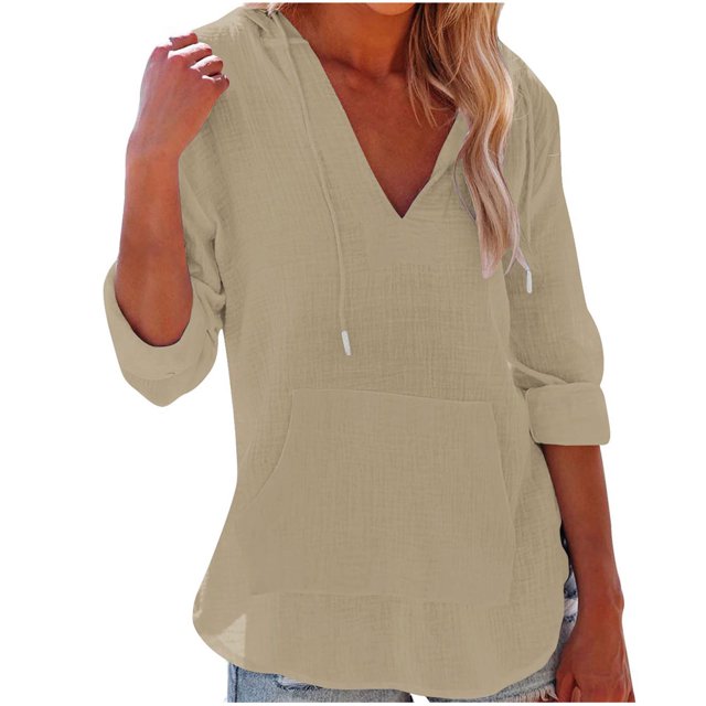 Yuyuzo Womens Hoodies 3/4 Sleeve Drawstring V Neck Loose Tunic Shirts Solid Color Pullover Tops