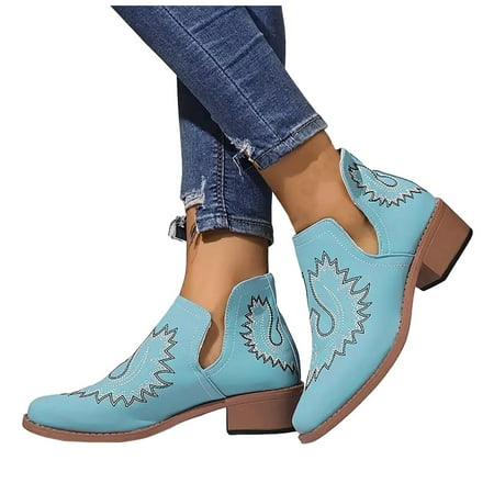 

Mepaouo Women s Cowboy Ankle Boots Embroidery Heel Cutout Walking Slip on Short Booties(Blue 8.5)