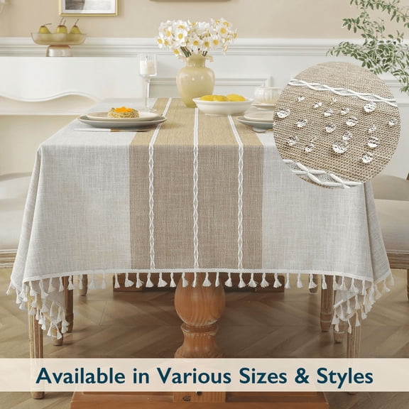 ComfiTime Mantel mantel Ajustado para Mesas Rectangulares O Redondas de 6 Pies, 8 Pies y Otros Tamaños, Mantel de Lino Sintético/arpillera para Fiestas con Borlas y Bordado, 55 x 70, Beige