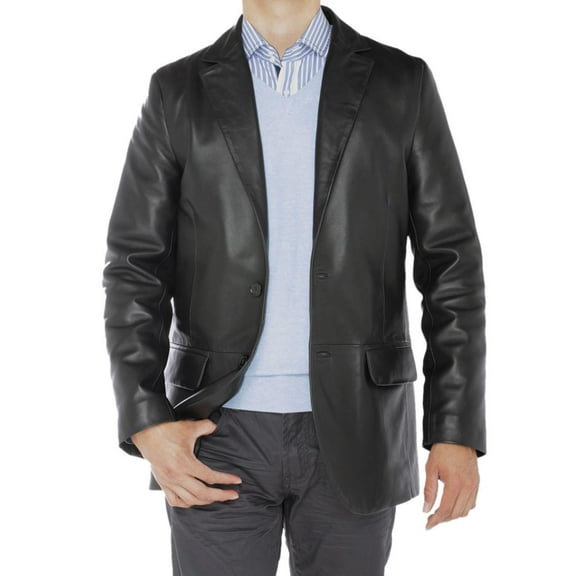 LN LUCIANO NATAZZI Men's Lambskin Leather Blazer Two Button Modern Fit Jacket Black