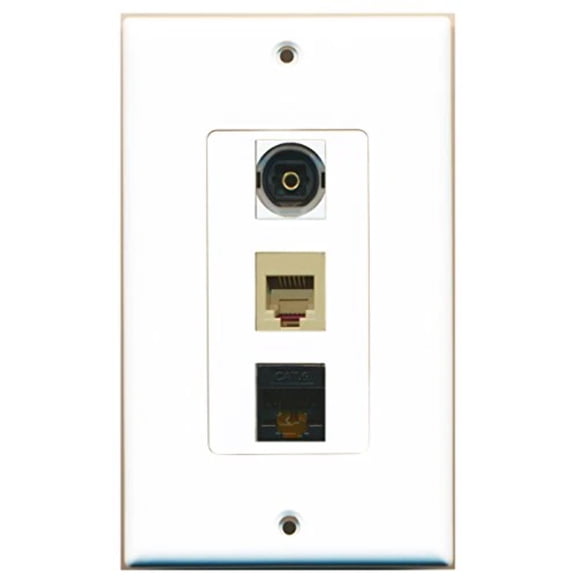 RiteAV - 1 Port Phone RJ11 RJ12 Beige and 1 Port Toslink and 1 Port Cat6 Ethernet Black Decorative Wall Plate Decorative