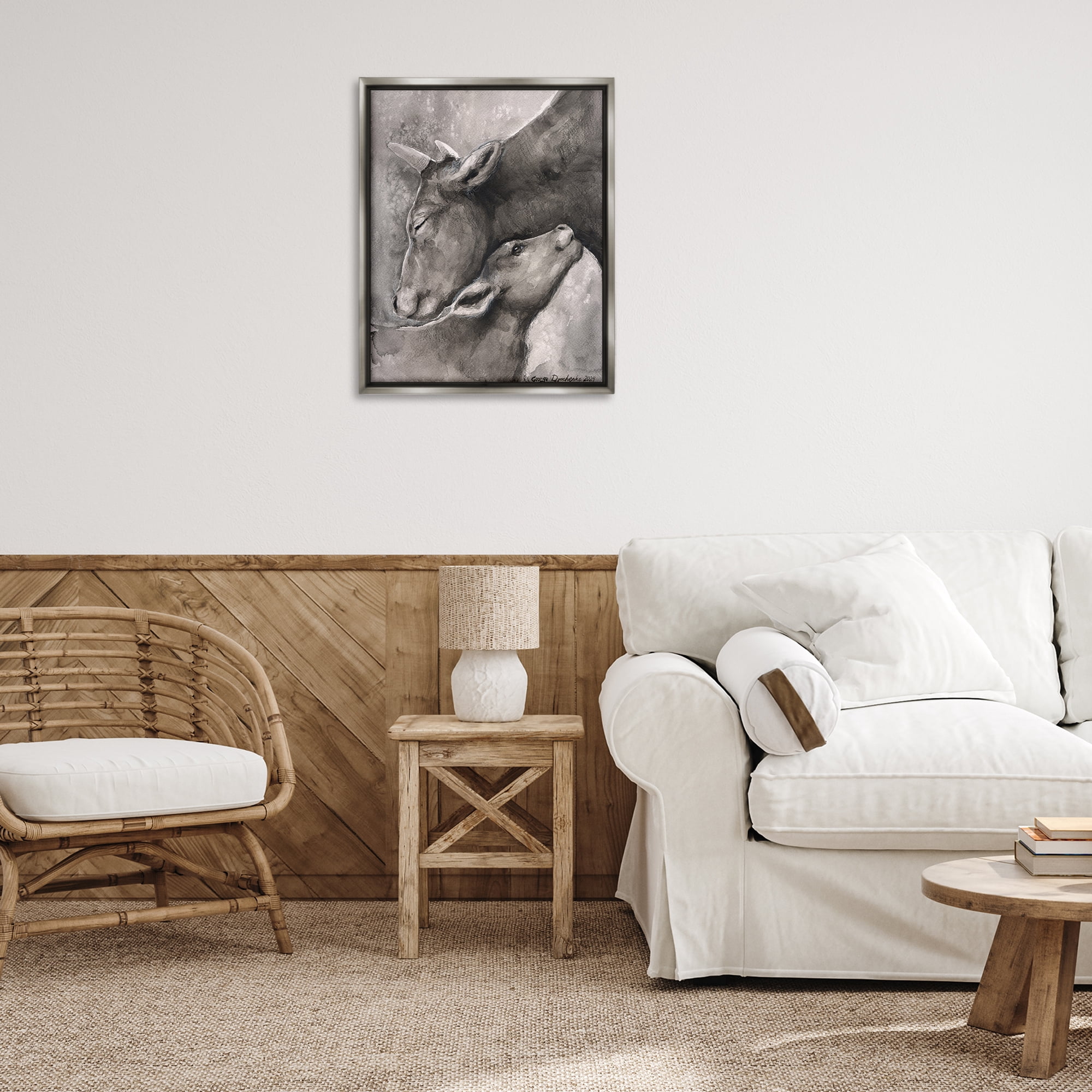 Stupell Industries Mother Cow & Calf Animals Drawing Gray Floater Framed Canvas Art Print Wall Art, 25 x 31