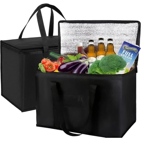 Large Insulated Grocery Shopping Bags 2 Pack, Collapsible Reusable Grocery Bag for Hot or Cold Food Delivery, Groceries, Travel, Shopping