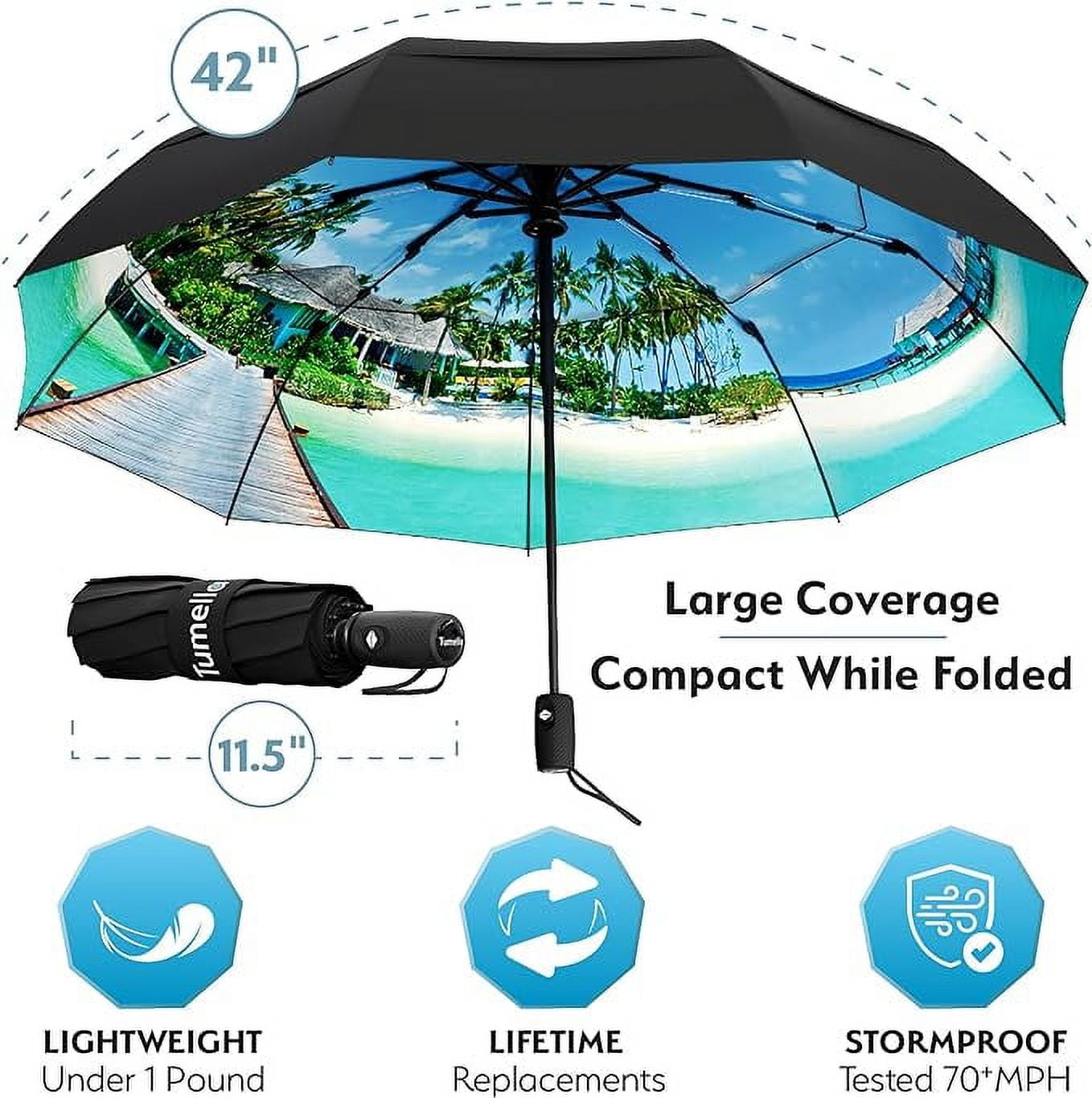 Tumella Travel Umbrella, Windproof up to 70 mph, Auto Open Close, Compact, UPF 50+, Fits Backpack