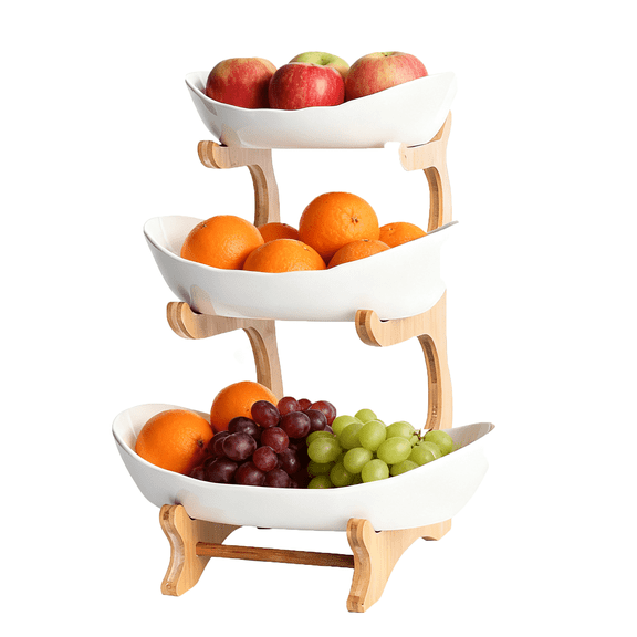 HDUTNGISN 3-Tier Fruit Basket for Counter Ceramic Fruit Bowl with Bamboo Stand - For Kitchen, Parties & More(White)