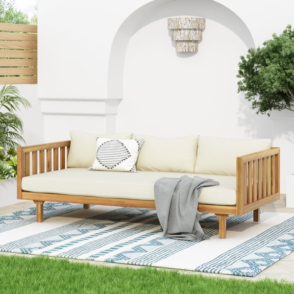 Harper & Bright Designs Acacia Wood Outdoor 3 Seater Couch, Patio Sofa with Deep Seat, Outdoor Daybed with Cushions for Garden, Beige+Teak