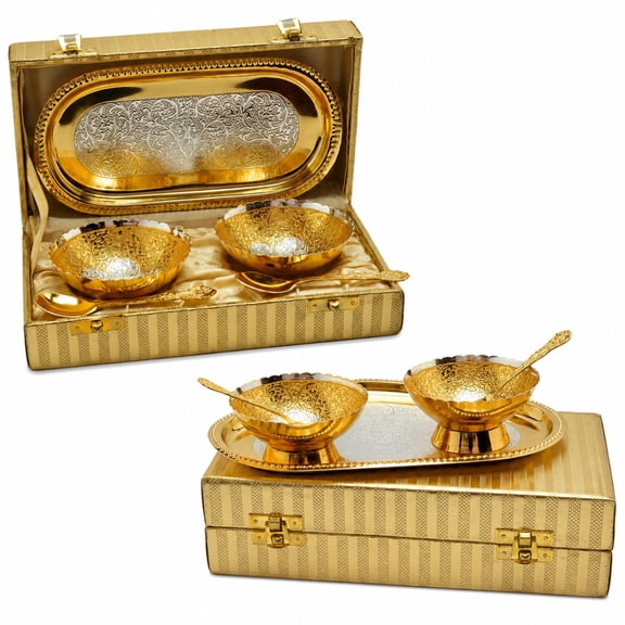 Brass Gold Plated Bowl Set | Decorative Serving Bowls with Tray & Spoon | Gift for Birthday, Anniversary, Diwali, Weddings & Festive Occasions | Luxury Home Décor Bowl Set