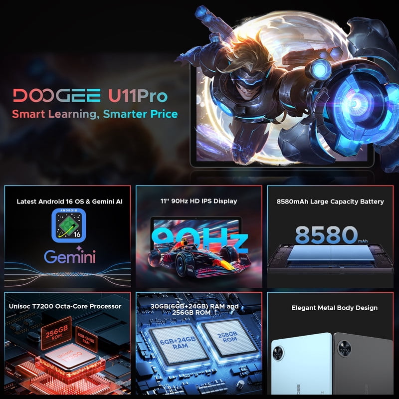 DOOGEE U11 Pro Android 16 Tablet with Keyboard,11 inch Tablet,30GB+256GB/2TB TF,8580mAh,Octa-Core,1080P,5G WiFi,Widevine L1,13MP+5MP,Face ID/Otg