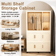 thumbnail image 6 of Portable Kids Wardrobe Closet, Rolling Closet Organizer with Magnetic Doors, PP Children's Storage Cabinet with 9 Cubes, Hanging Rod & 6 Hangers, Cream White, 6 of 7