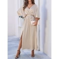 thumbnail image 5 of Women'S Satin Batwing Sleeve Cocktail Evening A Line Long Dress V Neck Ruched Loose Maxi Dress Champagne Color M, 5 of 9