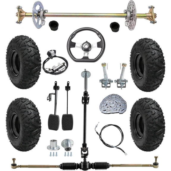 Go Kart & Drift Trike 29" Rear Axle Kit with 145/70-6" Wheel Tires, 3 Stud Hub, Sprocket, Pedals, Steering Assembly & Brake System for Custom Builds ATV, Quad, & Golf Carts Drift Trikes and Vehicles
