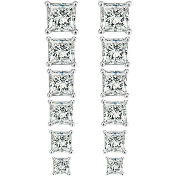 NUNCAD 6PCS Copper Pincess/Square Cubic Zirconia Stud Earrings Set
