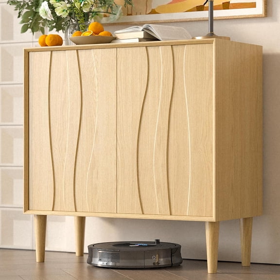 Natural Mid-Century Modern Sideboard Buffet Cabinet with 2 Doors, Wave Panel, and Adjustable Shelves, for Living Room and Entryway