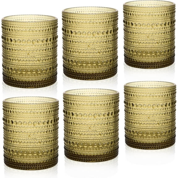 Cocktail Glasses 10 oz Hobnail Drinking Glasses Set of 6, Vintage Glassware, Textured Glass Cups Bubble Glasses Water Glasses Old Fashion Jupiter Glasses Set, Green